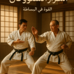 مقاتلان يرتديان زي الكاراتيه الأسود يؤديان حركة من حركات الكاتا داخل دوجو ياباني تقليدي مضاء بضوء الشمس