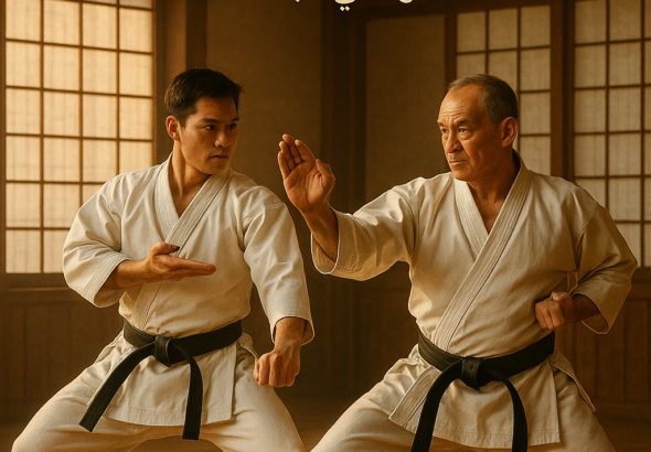 مقاتلان يرتديان زي الكاراتيه الأسود يؤديان حركة من حركات الكاتا داخل دوجو ياباني تقليدي مضاء بضوء الشمس