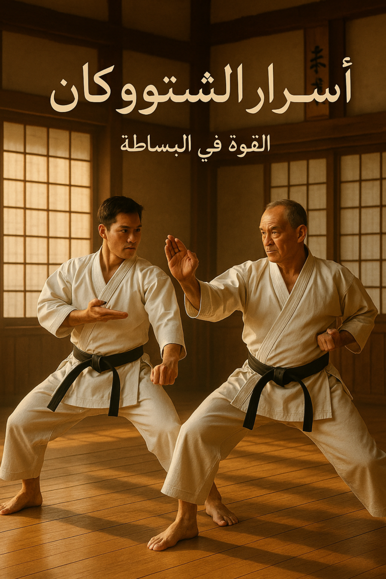 مقاتلان يرتديان زي الكاراتيه الأسود يؤديان حركة من حركات الكاتا داخل دوجو ياباني تقليدي مضاء بضوء الشمس